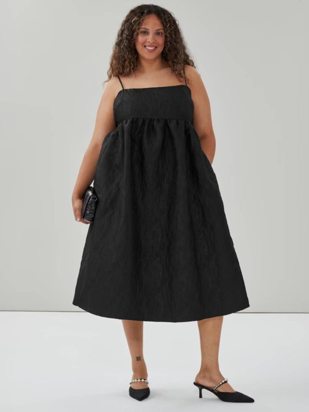 Joe Fresh Spaghetti Strap Jacquard Midi Black Dress - Picture 2 of 5